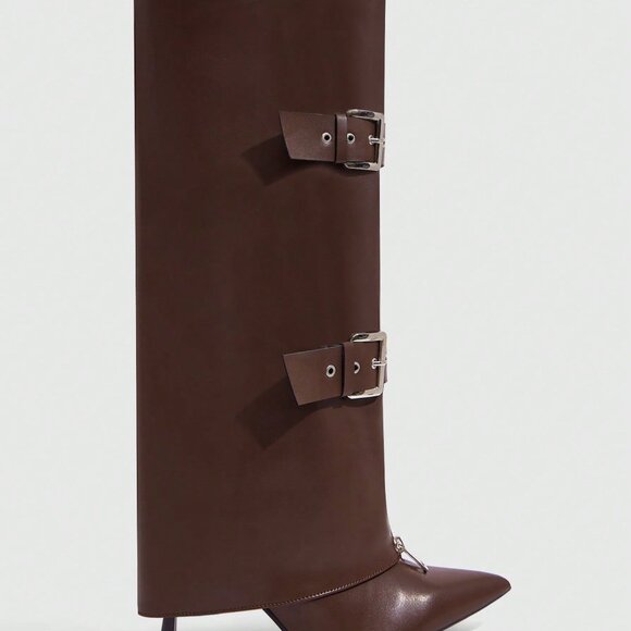 Rust Brown Casual Women's Pointed Toe Knee-High Heeled Boots - Picture 7 of 10